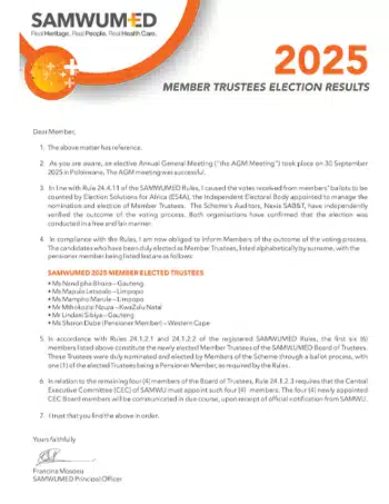SAMWUMED 2025 MEMBER TRUSTEES ELECTION RESULTS