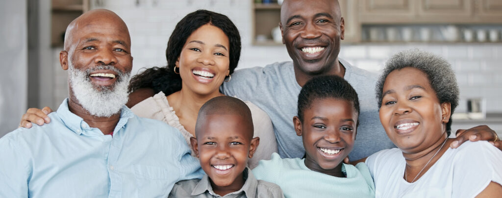 Black family, generations and happy at home on portrait on visit