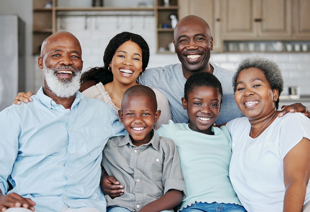 Black family, generations and happy at home on portrait on visit